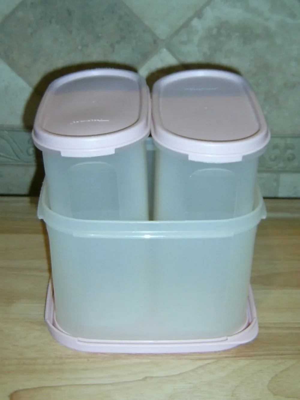 Tupperware Clear Plastic Storage Containers, Set of 3, Pink Snap Lids